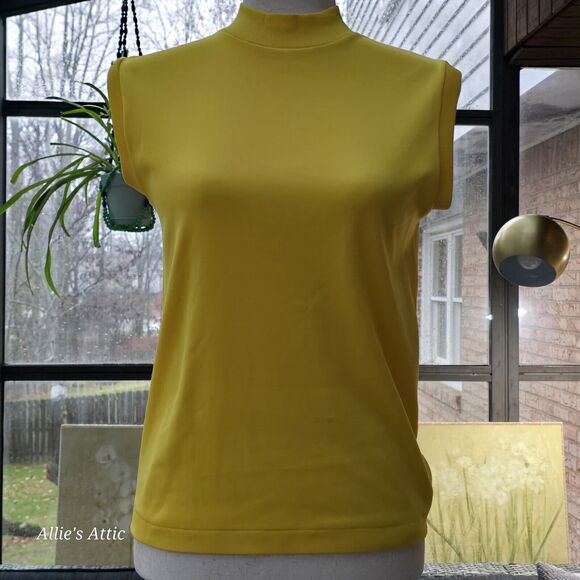 2 Sleeveless 70s Turtleneck Tops Shirt Zip Polyester Yellow Green Donnkenny S/M - Picture 2 of 12